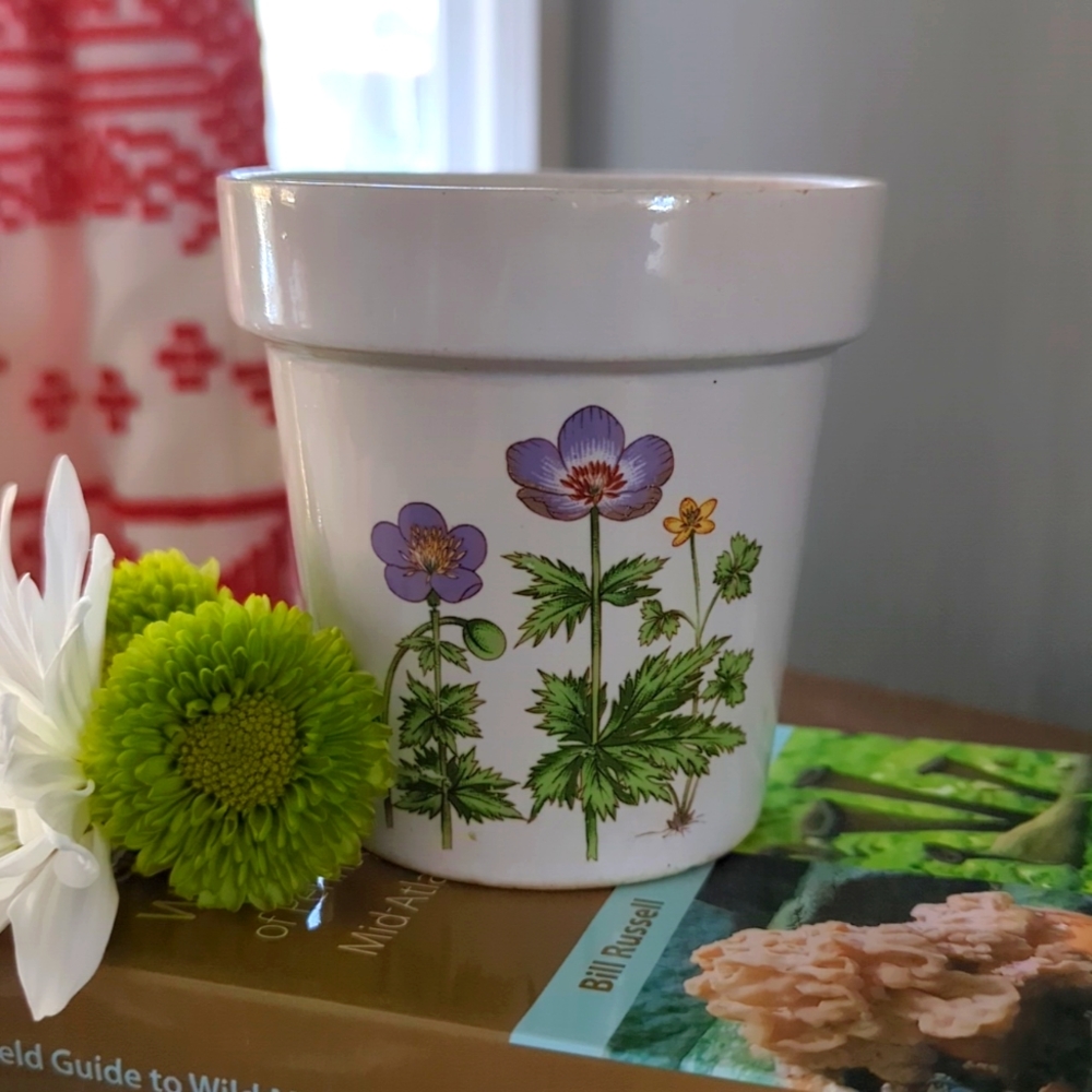 Small Vintage Ceramic Plant Pot with Purple and Yellow Flowers With Green Stems